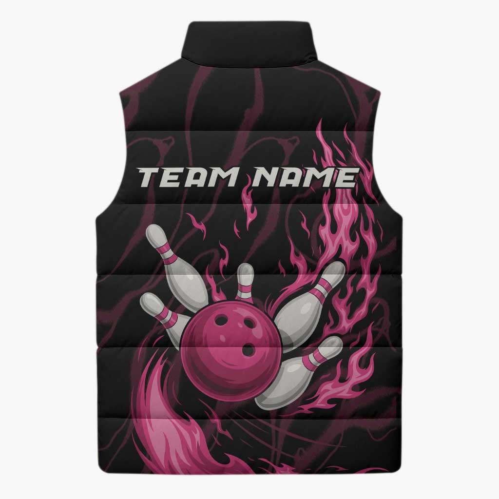 Pink Flaming Bowling Ball and Pins Sleeveless Puffer Jacket with Lightning Effect Graphic Design - Wonder Print Shop