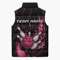 Pink Flaming Bowling Ball and Pins Sleeveless Puffer Jacket with Lightning Effect Graphic Design - Wonder Print Shop