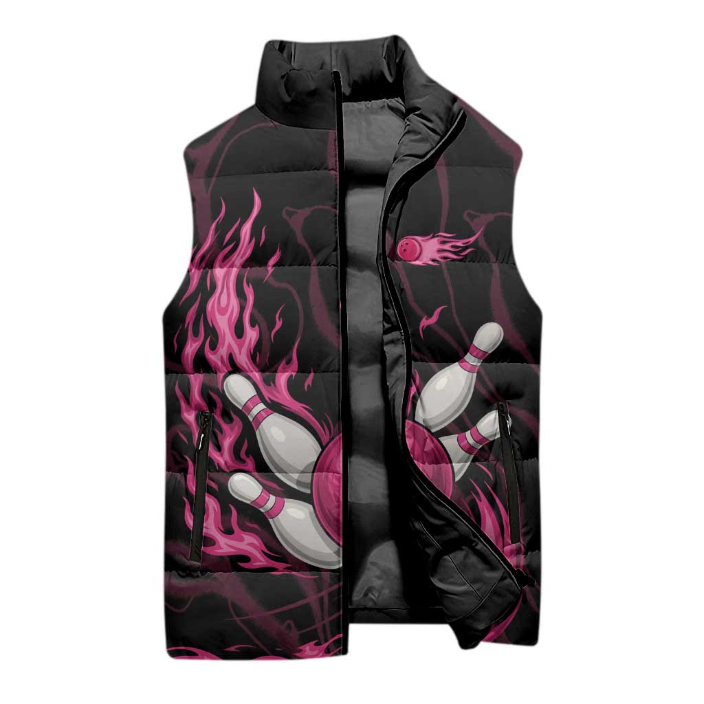 Pink Flaming Bowling Ball and Pins Sleeveless Puffer Jacket with Lightning Effect Graphic Design - Wonder Print Shop