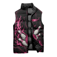 Pink Flaming Bowling Ball and Pins Sleeveless Puffer Jacket with Lightning Effect Graphic Design - Wonder Print Shop