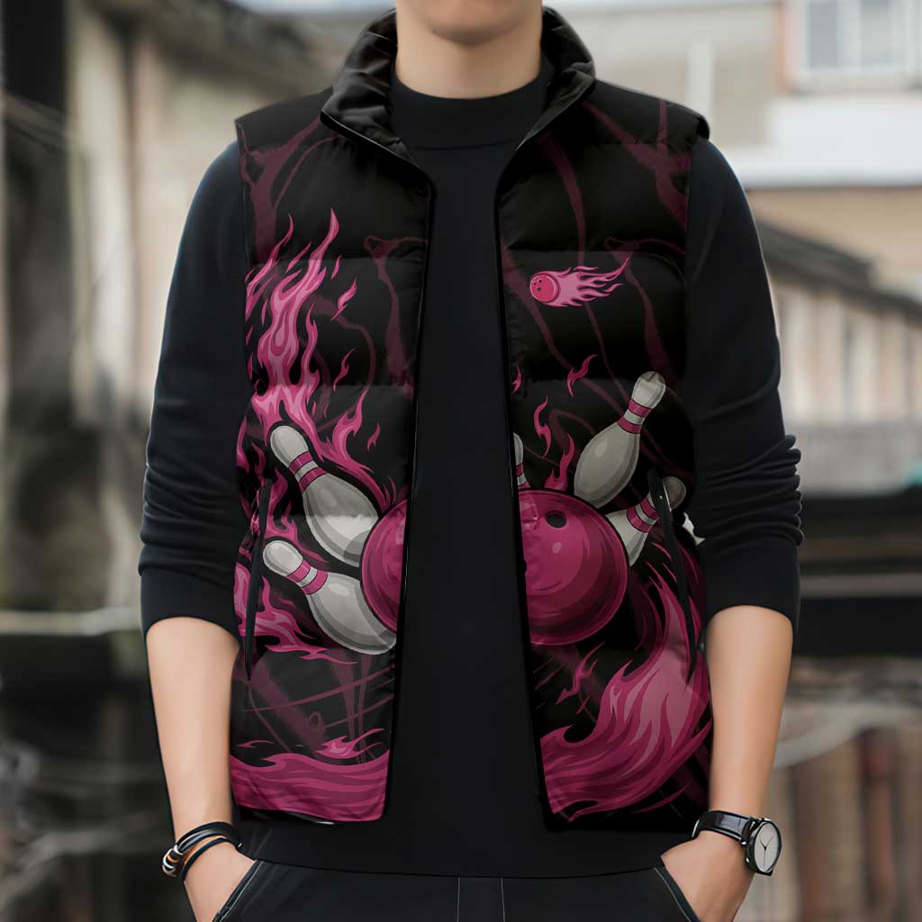 Pink Flaming Bowling Ball and Pins Sleeveless Puffer Jacket with Lightning Effect Graphic Design - Wonder Print Shop