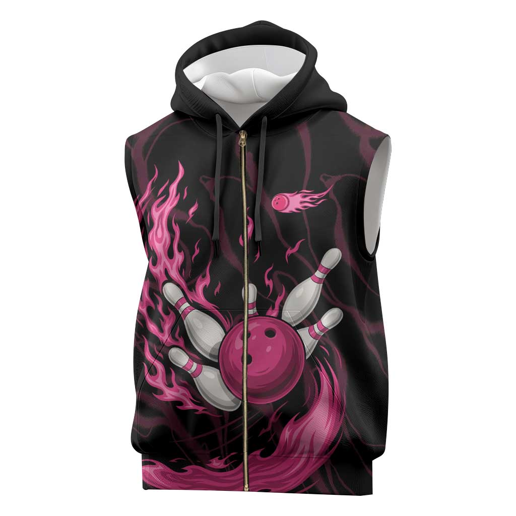 Pink Flaming Bowling Ball and Pins Sleeveless Zip Hoodie with Lightning Effect Graphic Design - Wonder Print Shop