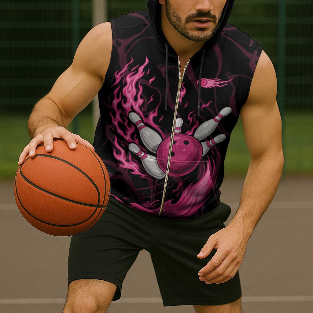 Pink Flaming Bowling Ball and Pins Sleeveless Zip Hoodie with Lightning Effect Graphic Design - Wonder Print Shop