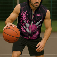 Pink Flaming Bowling Ball and Pins Sleeveless Zip Hoodie with Lightning Effect Graphic Design - Wonder Print Shop