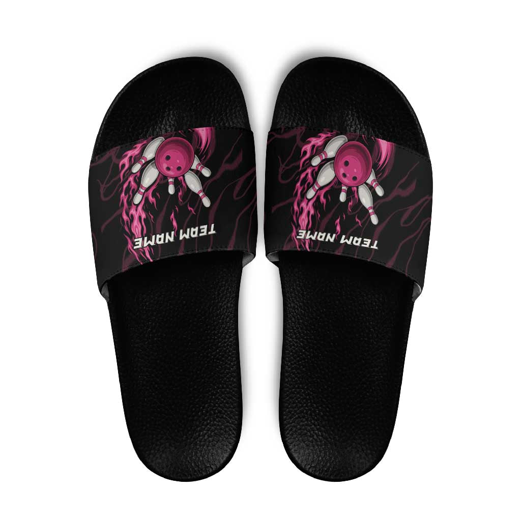 Pink Flaming Bowling Ball and Pins Slide Sandals with Lightning Effect Graphic Design - Wonder Print Shop