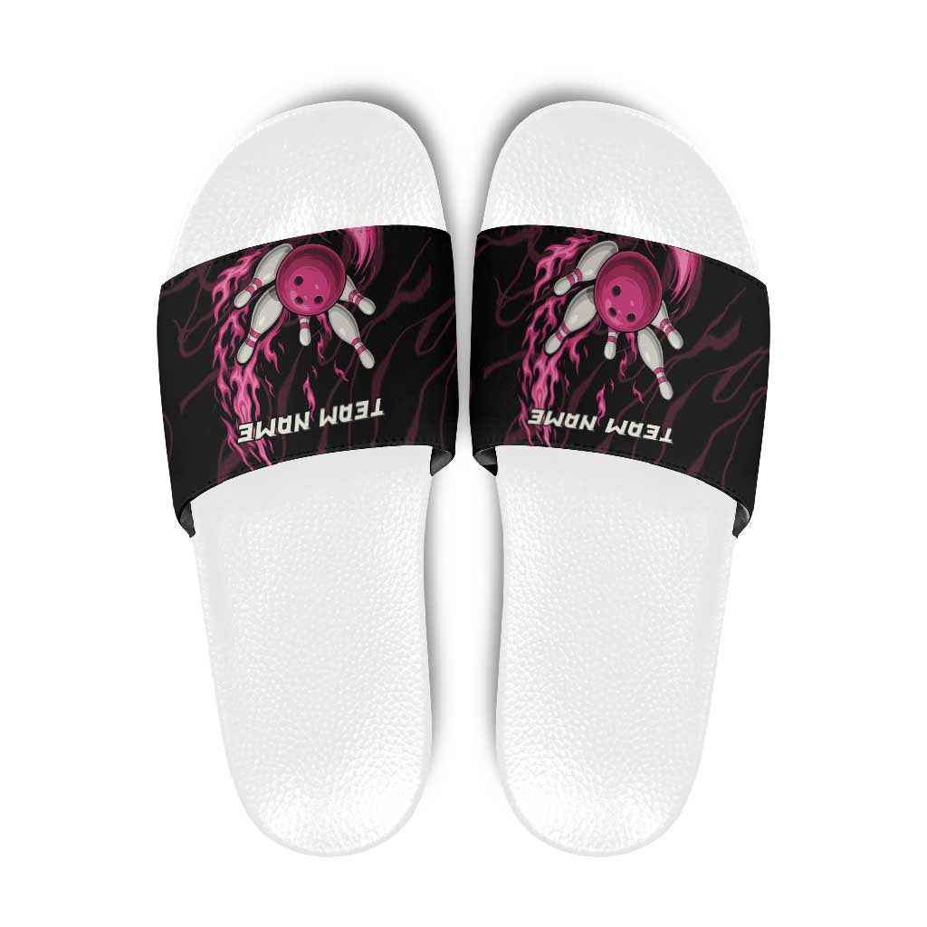 Pink Flaming Bowling Ball and Pins Slide Sandals with Lightning Effect Graphic Design - Wonder Print Shop