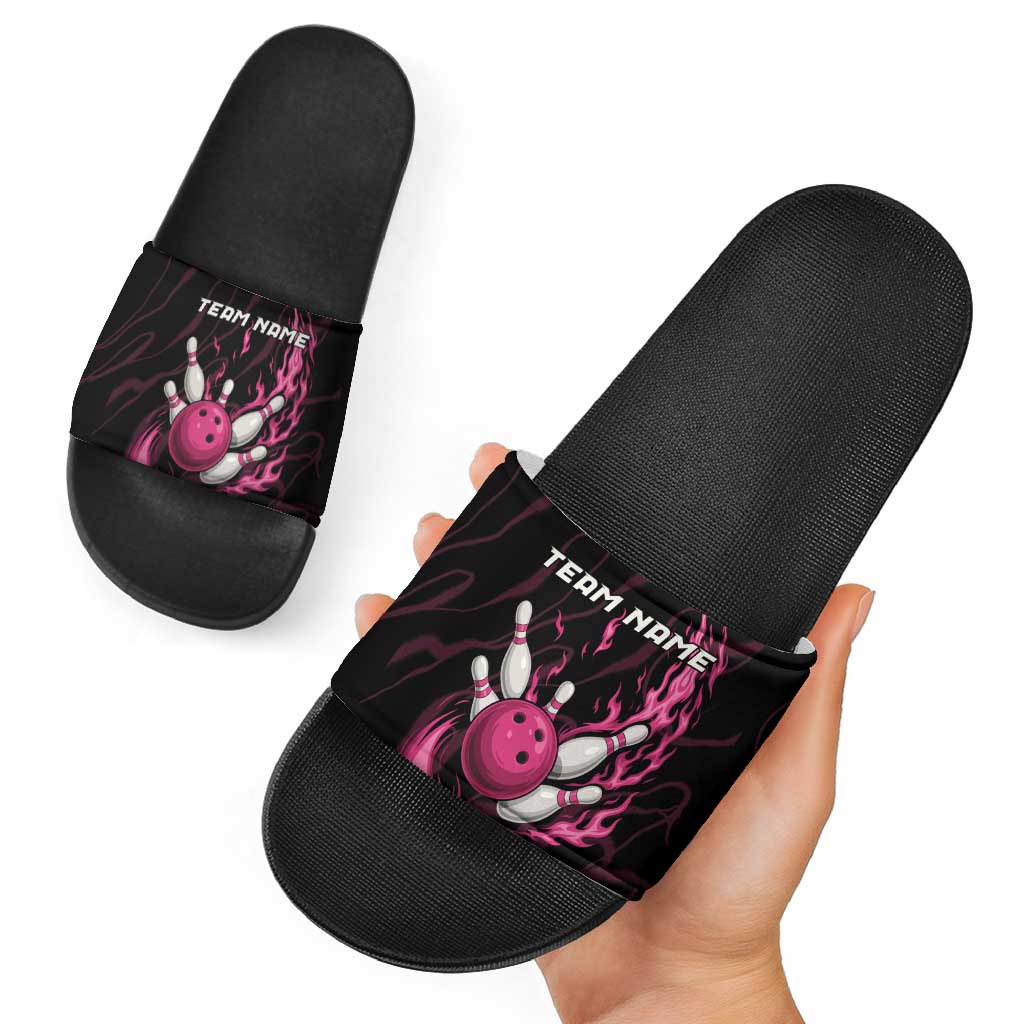 Pink Flaming Bowling Ball and Pins Slide Sandals with Lightning Effect Graphic Design - Wonder Print Shop