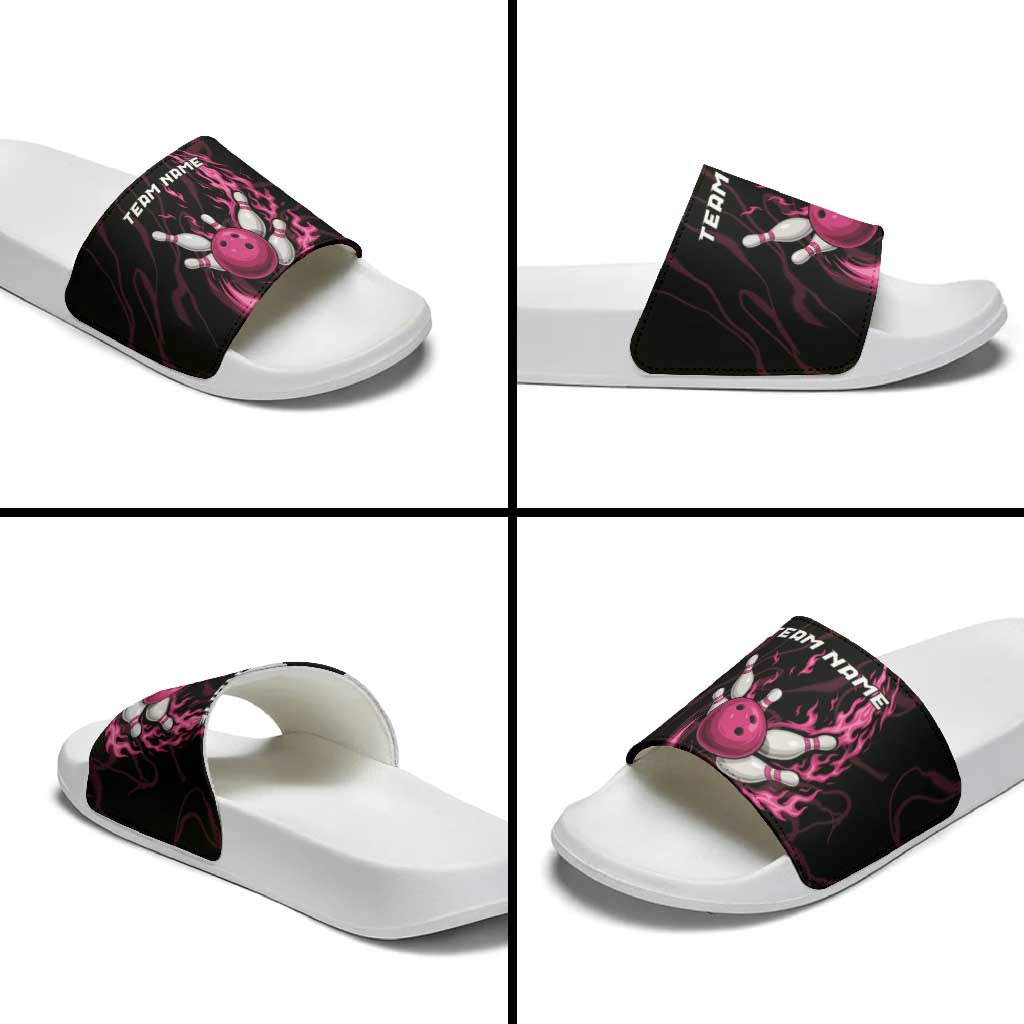 Pink Flaming Bowling Ball and Pins Slide Sandals with Lightning Effect Graphic Design - Wonder Print Shop