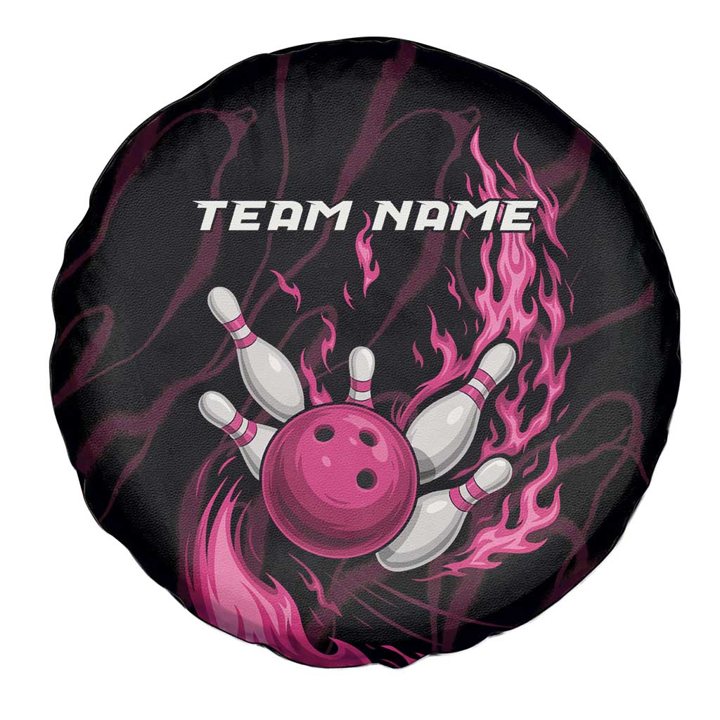 Pink Flaming Bowling Ball and Pins Spare Tire Cover with Lightning Effect Graphic Design - Wonder Print Shop