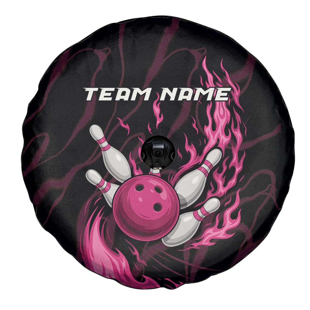 Pink Flaming Bowling Ball and Pins Spare Tire Cover with Lightning Effect Graphic Design - Wonder Print Shop