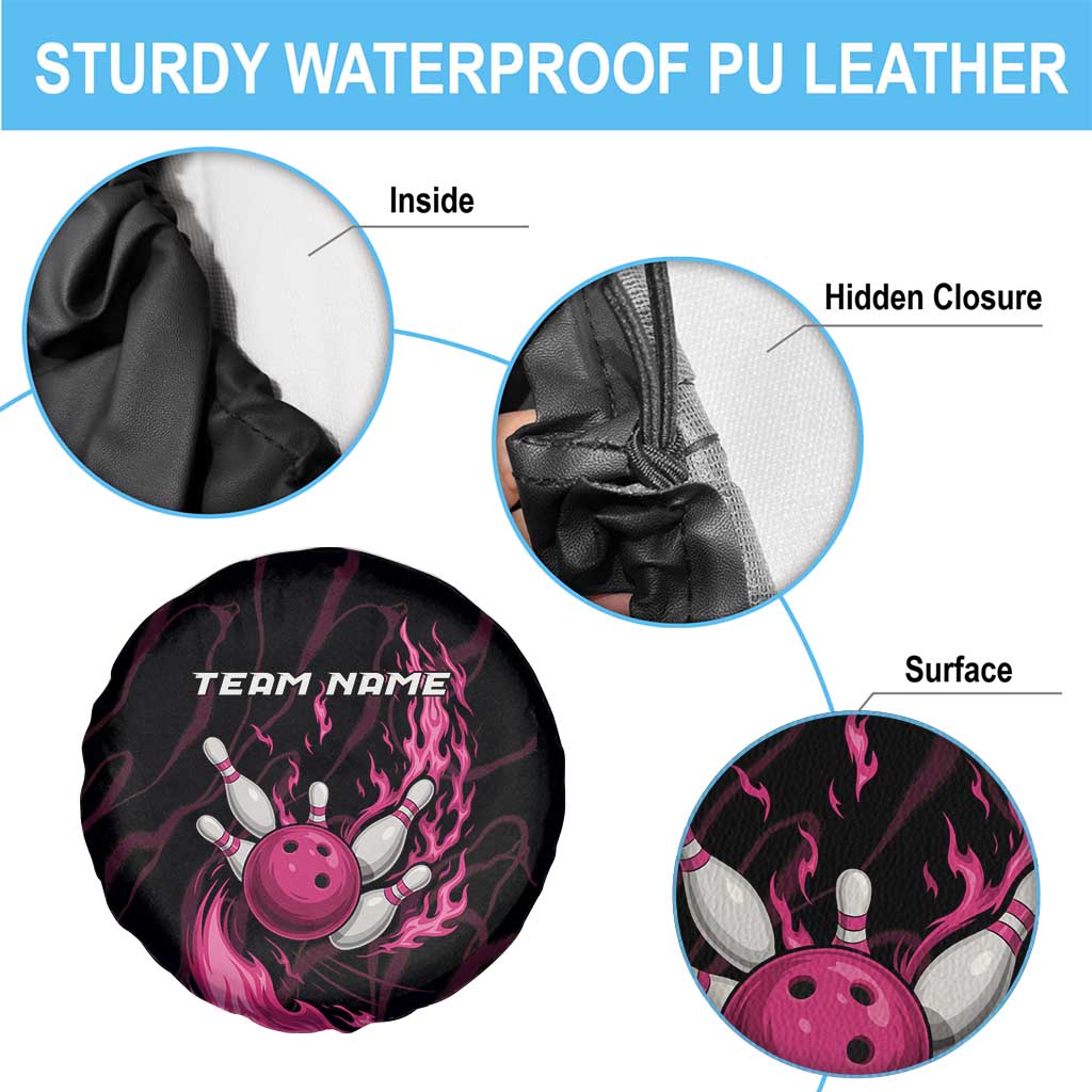 Pink Flaming Bowling Ball and Pins Spare Tire Cover with Lightning Effect Graphic Design - Wonder Print Shop