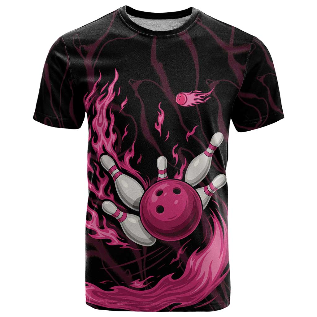 Pink Flaming Bowling Ball and Pins T Shirt with Lightning Effect Graphic Design - Wonder Print Shop