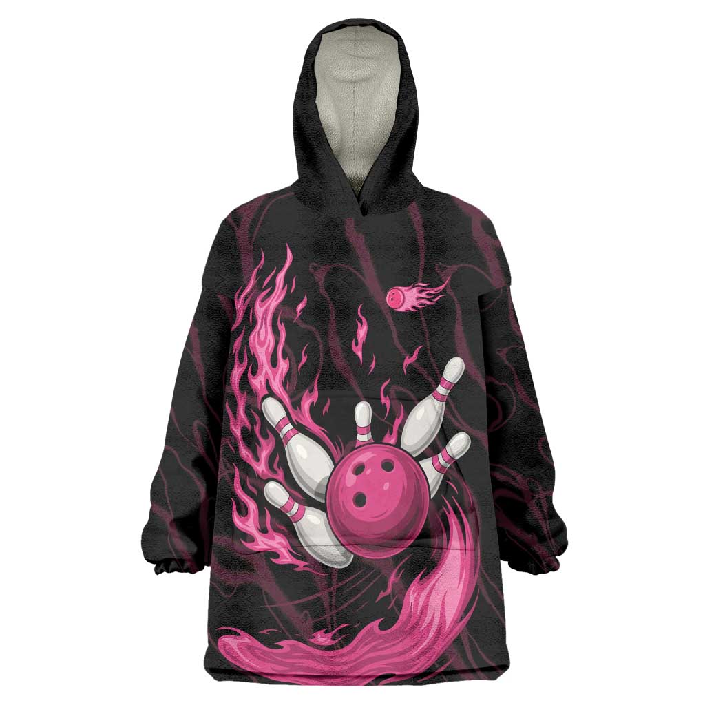 Pink Flaming Bowling Ball and Pins Wearable Blanket Hoodie with Lightning Effect Graphic Design - Wonder Print Shop