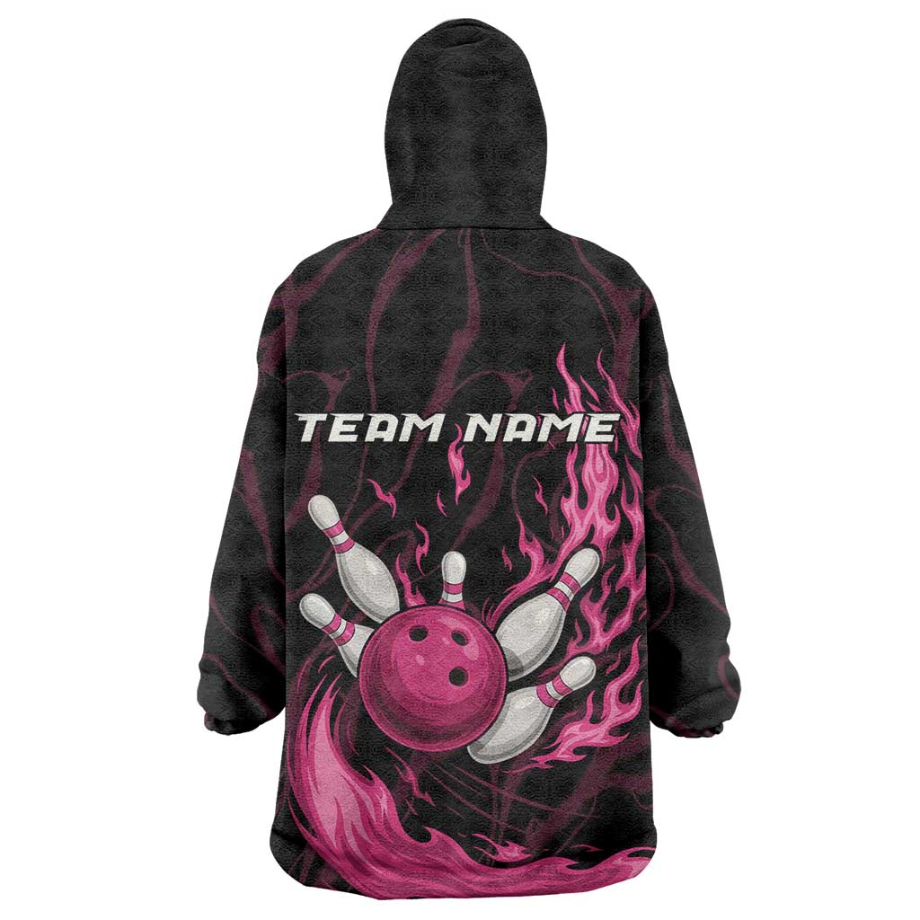 Pink Flaming Bowling Ball and Pins Wearable Blanket Hoodie with Lightning Effect Graphic Design - Wonder Print Shop