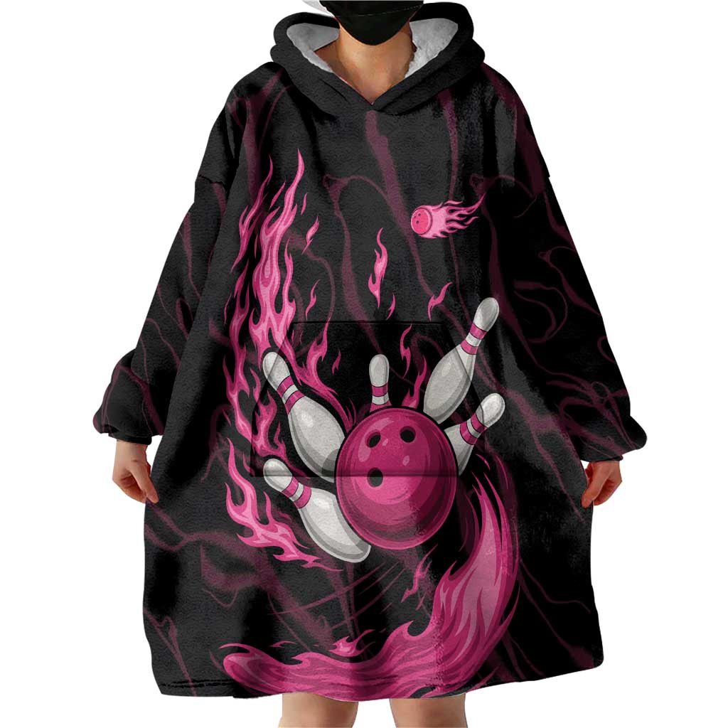 Pink Flaming Bowling Ball and Pins Wearable Blanket Hoodie with Lightning Effect Graphic Design - Wonder Print Shop