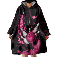 Pink Flaming Bowling Ball and Pins Wearable Blanket Hoodie with Lightning Effect Graphic Design - Wonder Print Shop