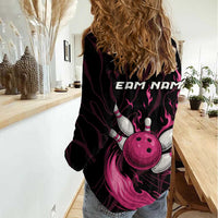 Pink Flaming Bowling Ball and Pins Women Casual Shirt with Lightning Effect Graphic Design - Wonder Print Shop