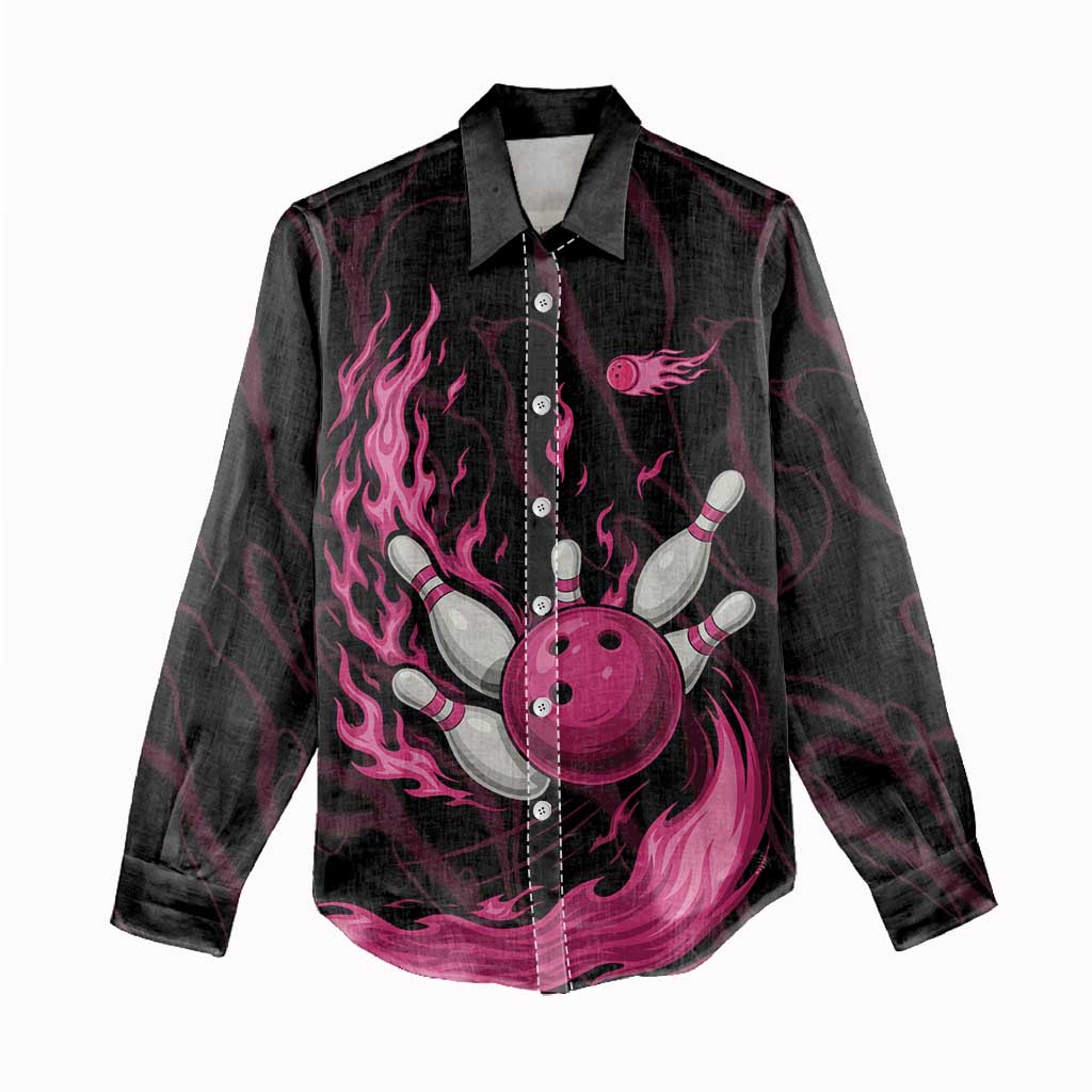 Pink Flaming Bowling Ball and Pins Women Casual Shirt with Lightning Effect Graphic Design - Wonder Print Shop
