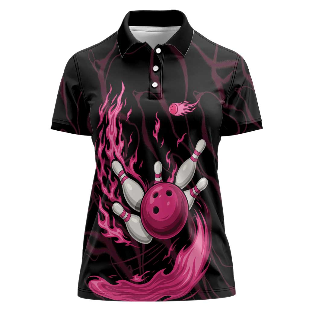 Pink Flaming Bowling Ball and Pins Women Polo Shirt with Lightning Effect Graphic Design - Wonder Print Shop