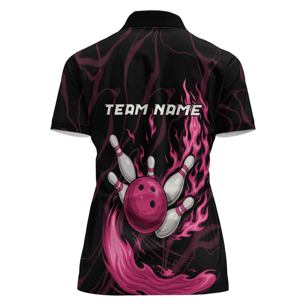 Pink Flaming Bowling Ball and Pins Women Polo Shirt with Lightning Effect Graphic Design - Wonder Print Shop
