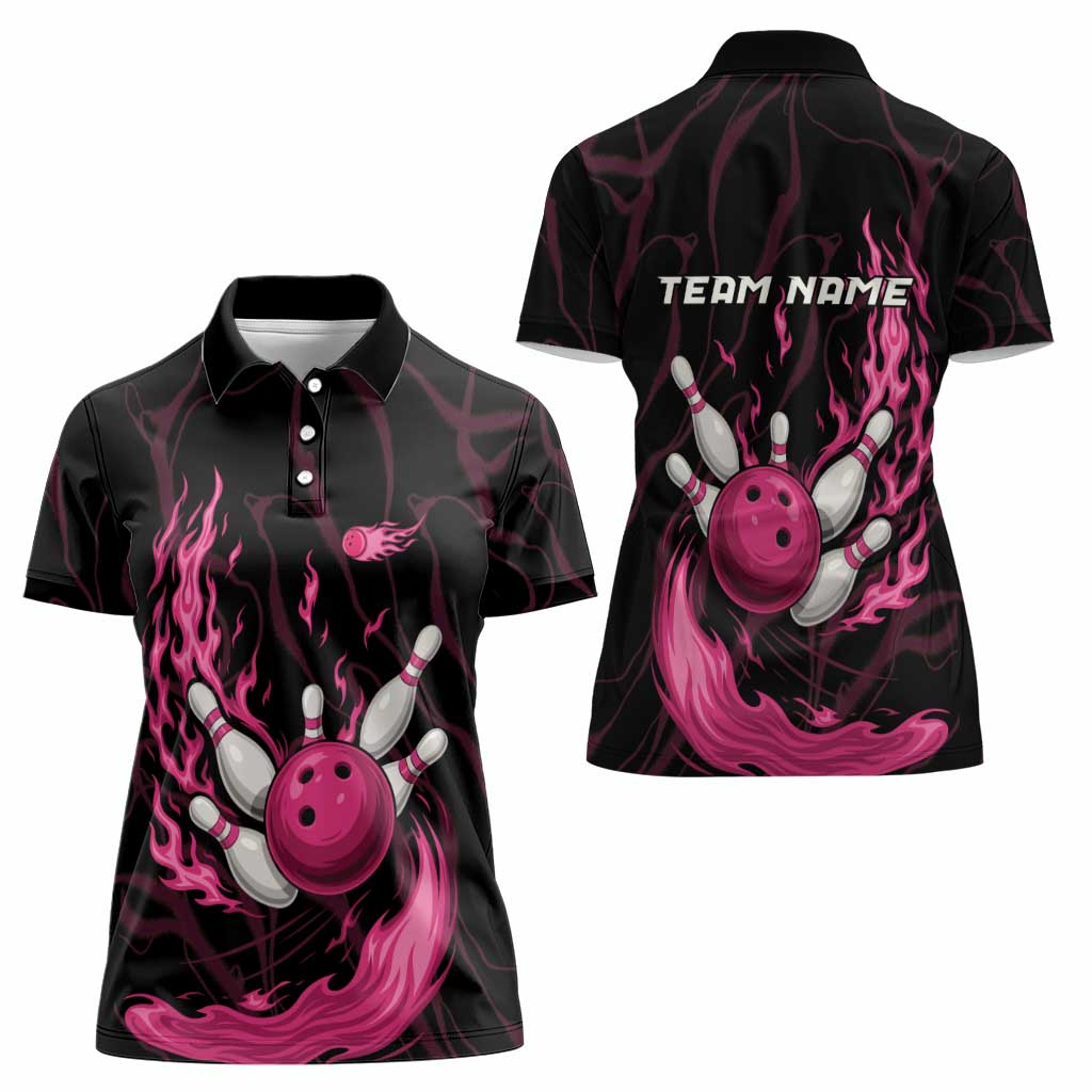 Pink Flaming Bowling Ball and Pins Women Polo Shirt with Lightning Effect Graphic Design - Wonder Print Shop