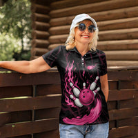 Pink Flaming Bowling Ball and Pins Women Polo Shirt with Lightning Effect Graphic Design - Wonder Print Shop