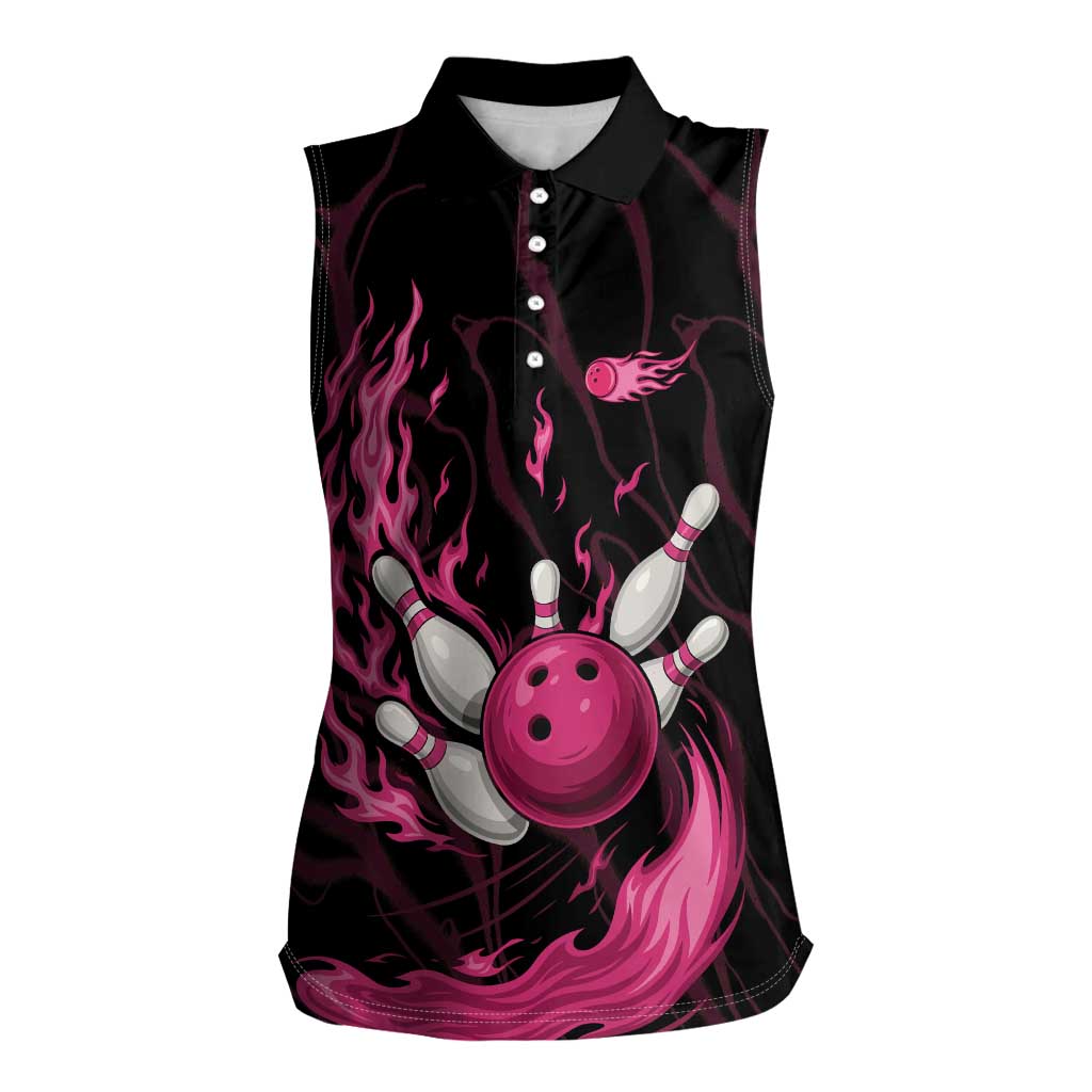 Pink Flaming Bowling Ball and Pins Women Sleeveless Polo Shirt with Lightning Effect Graphic Design - Wonder Print Shop
