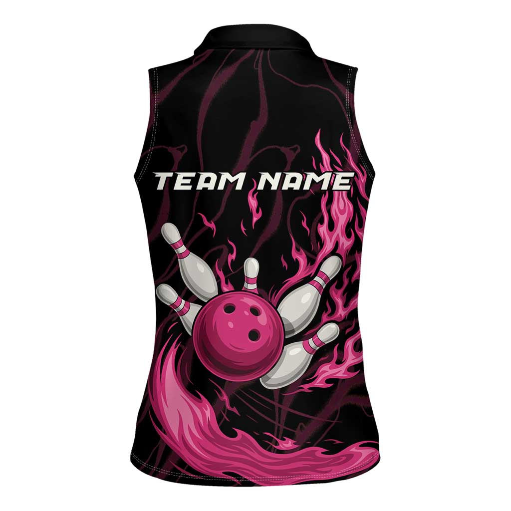 Pink Flaming Bowling Ball and Pins Women Sleeveless Polo Shirt with Lightning Effect Graphic Design - Wonder Print Shop