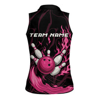 Pink Flaming Bowling Ball and Pins Women Sleeveless Polo Shirt with Lightning Effect Graphic Design - Wonder Print Shop