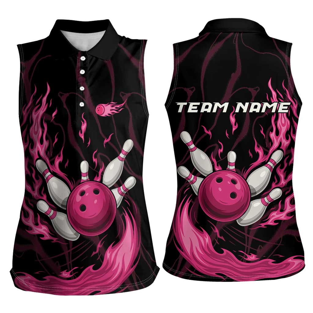 Pink Flaming Bowling Ball and Pins Women Sleeveless Polo Shirt with Lightning Effect Graphic Design - Wonder Print Shop