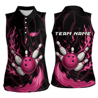 Pink Flaming Bowling Ball and Pins Women Sleeveless Polo Shirt with Lightning Effect Graphic Design - Wonder Print Shop