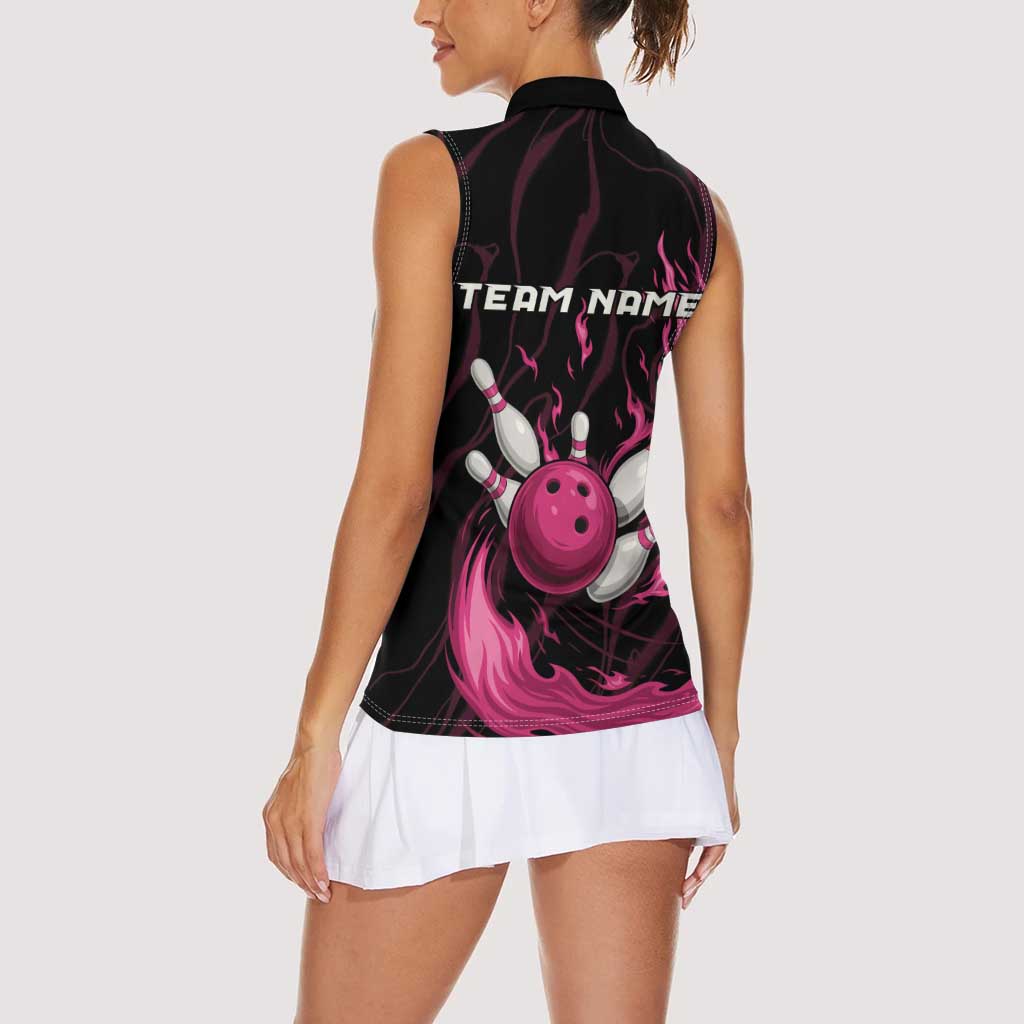 Pink Flaming Bowling Ball and Pins Women Sleeveless Polo Shirt with Lightning Effect Graphic Design - Wonder Print Shop