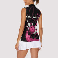 Pink Flaming Bowling Ball and Pins Women Sleeveless Polo Shirt with Lightning Effect Graphic Design - Wonder Print Shop