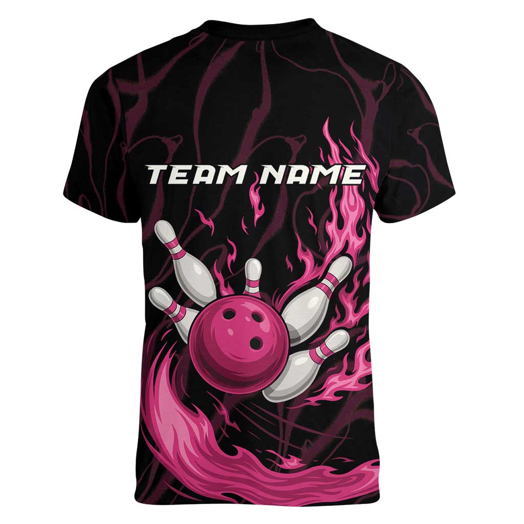 Pink Flaming Bowling Ball and Pins Women V-Neck T-Shirt with Lightning Effect Graphic Design - Wonder Print Shop