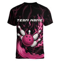 Pink Flaming Bowling Ball and Pins Women V-Neck T-Shirt with Lightning Effect Graphic Design - Wonder Print Shop