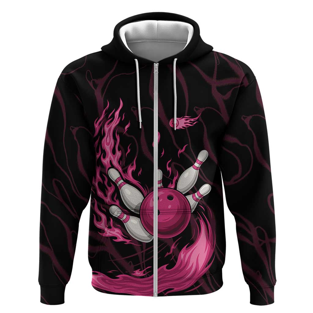 Pink Flaming Bowling Ball and Pins Zip Hoodie with Lightning Effect Graphic Design - Wonder Print Shop