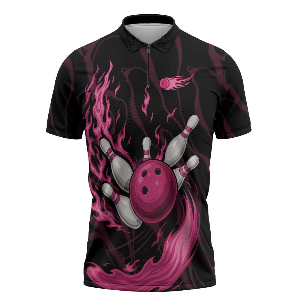 Pink Flaming Bowling Ball and Pins Zipper Polo Shirt with Lightning Effect Graphic Design - Wonder Print Shop