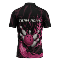 Pink Flaming Bowling Ball and Pins Zipper Polo Shirt with Lightning Effect Graphic Design - Wonder Print Shop