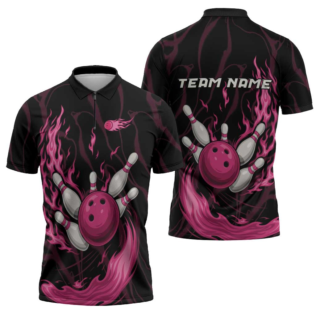 Pink Flaming Bowling Ball and Pins Zipper Polo Shirt with Lightning Effect Graphic Design - Wonder Print Shop