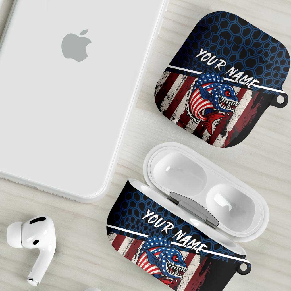 Aggressive Bass Fishing AirPods Case with American Flag Pattern on Grunge Hex Background - Wonder Print Shop