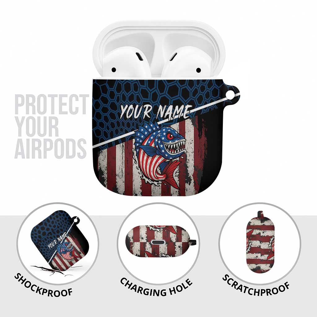 Aggressive Bass Fishing AirPods Case with American Flag Pattern on Grunge Hex Background - Wonder Print Shop