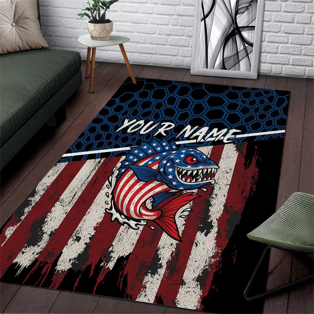 Aggressive Bass Fishing Area Rug with American Flag Pattern on Grunge Hex Background - Wonder Print Shop