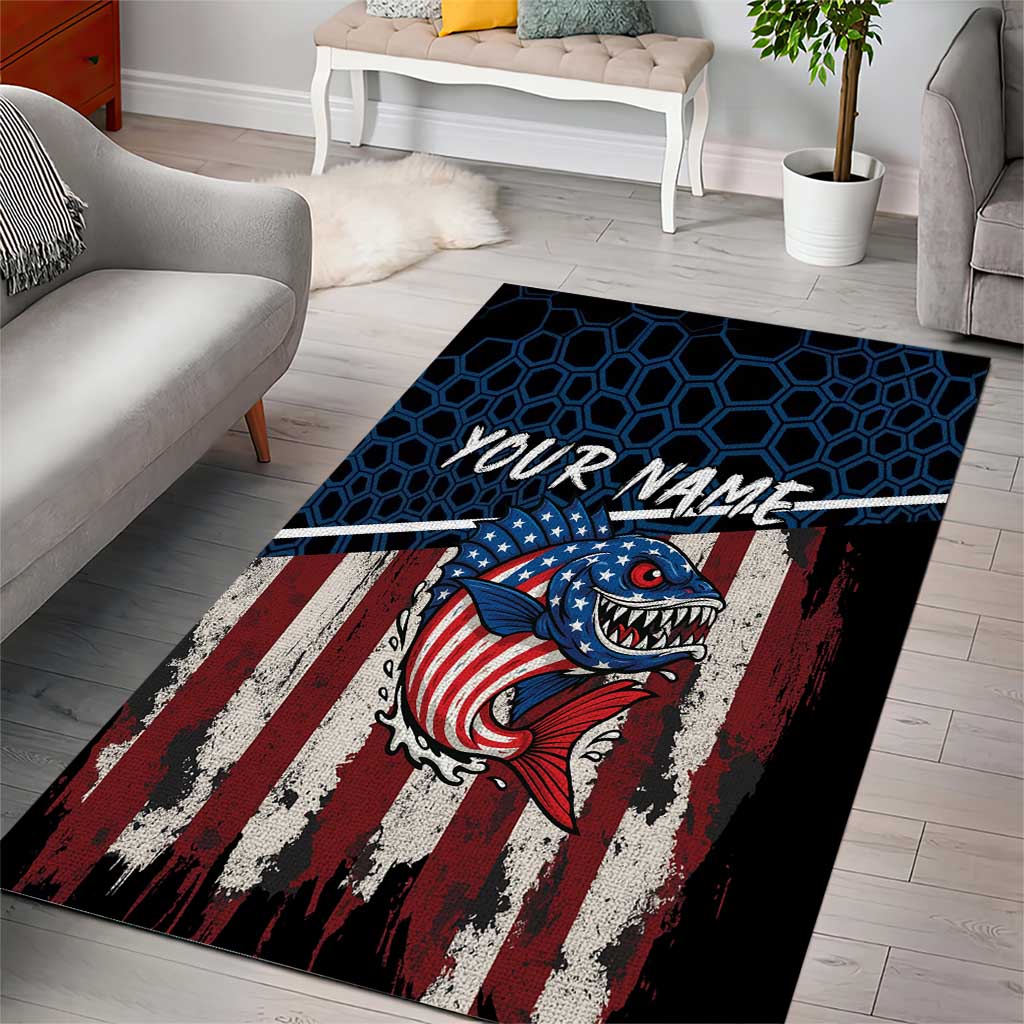 Aggressive Bass Fishing Area Rug with American Flag Pattern on Grunge Hex Background - Wonder Print Shop