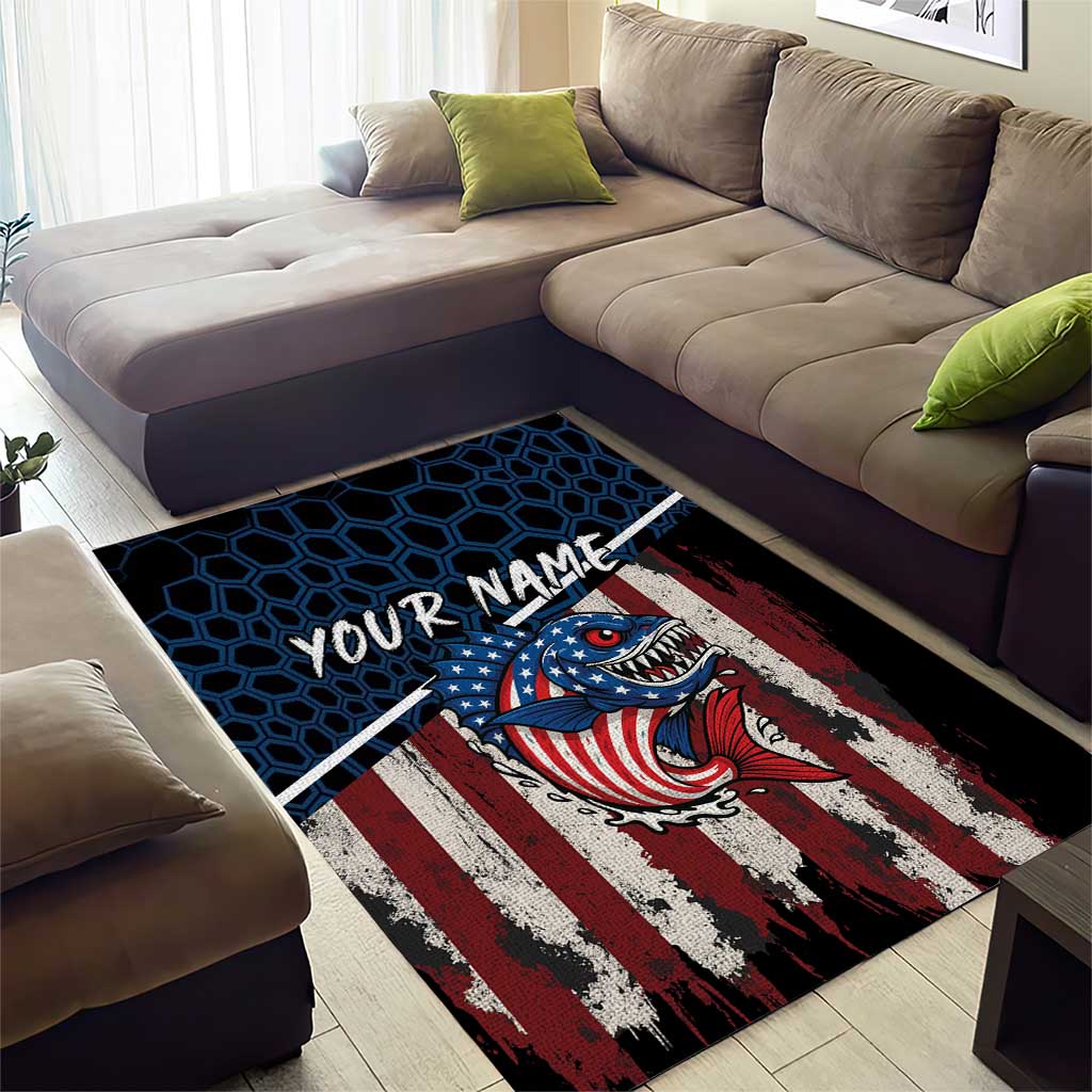 Aggressive Bass Fishing Area Rug with American Flag Pattern on Grunge Hex Background - Wonder Print Shop