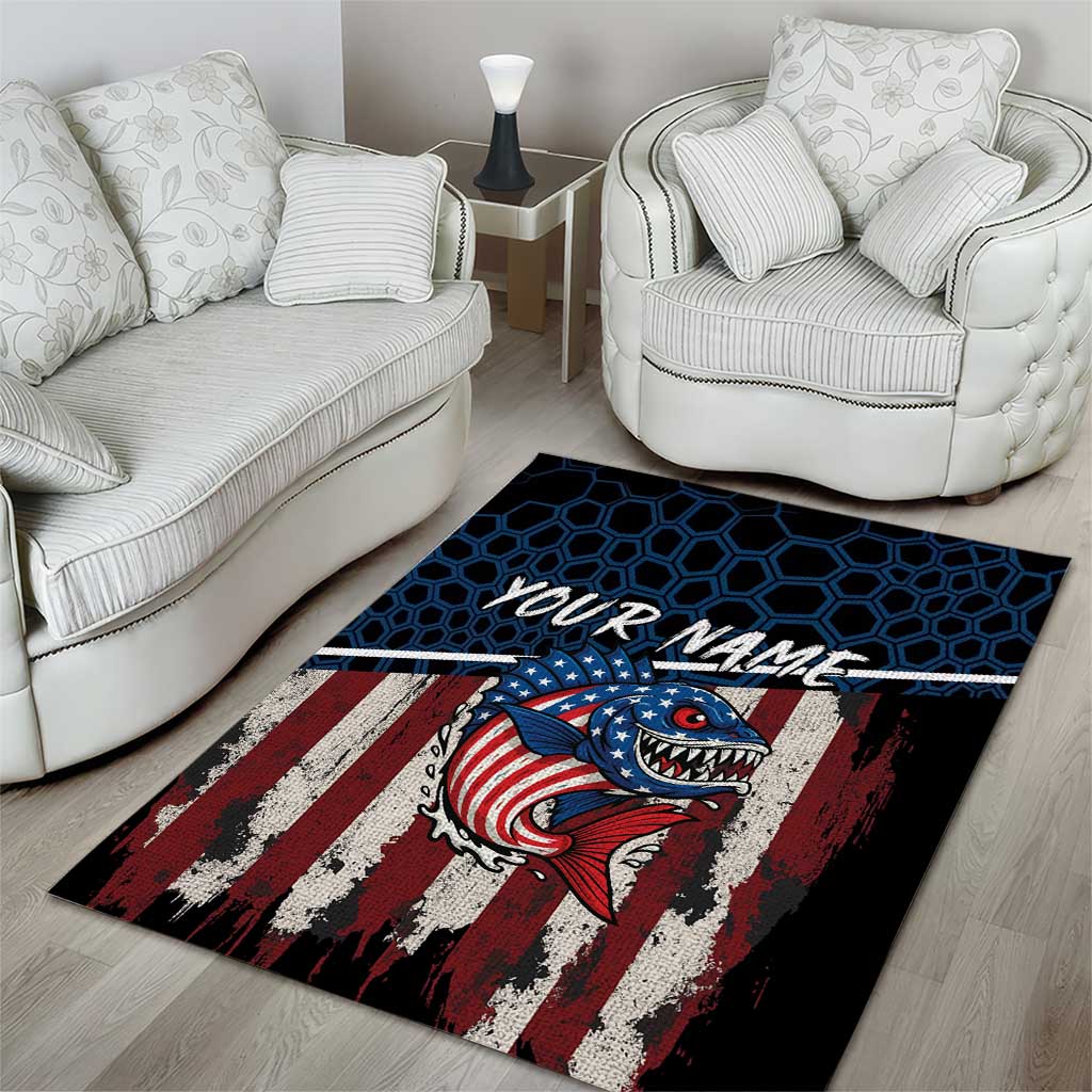 Aggressive Bass Fishing Area Rug with American Flag Pattern on Grunge Hex Background - Wonder Print Shop