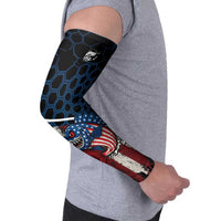 Aggressive Bass Fishing Arm Sleeves with American Flag Pattern on Grunge Hex Background - Wonder Print Shop