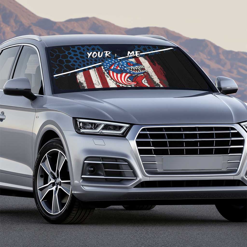 Aggressive Bass Fishing Auto Sun Shade with American Flag Pattern on Grunge Hex Background - Wonder Print Shop