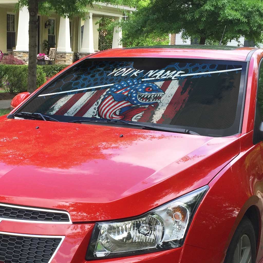 Aggressive Bass Fishing Auto Sun Shade with American Flag Pattern on Grunge Hex Background - Wonder Print Shop