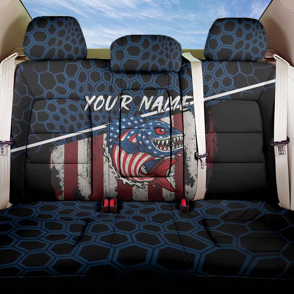 Aggressive Bass Fishing Back Car Seat Cover with American Flag Pattern on Grunge Hex Background - Wonder Print Shop
