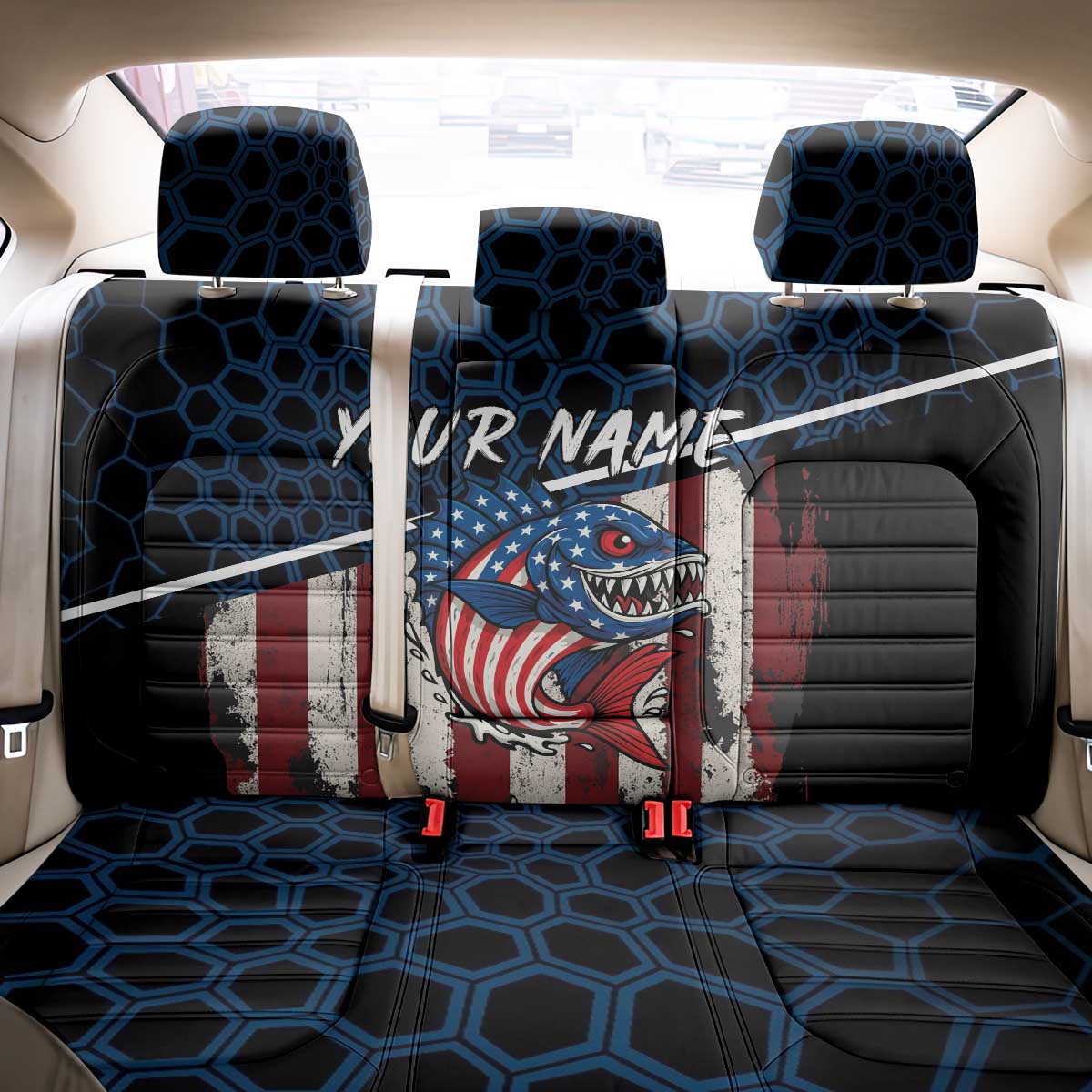 Aggressive Bass Fishing Back Car Seat Cover with American Flag Pattern on Grunge Hex Background - Wonder Print Shop